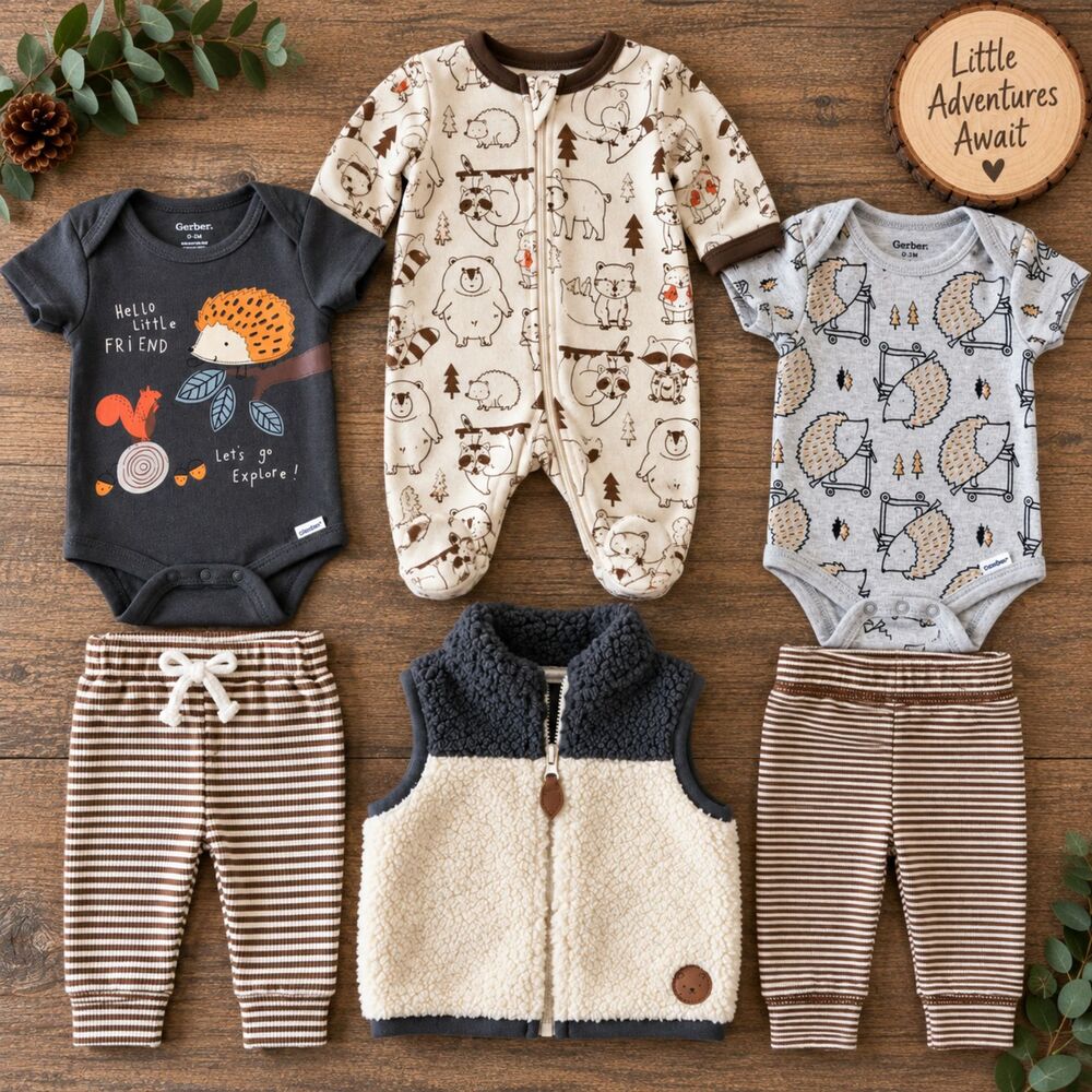 Baby Boy 0-3M Woodland 6 Piece Clothing Bundle Gerber Hedgehog Forest Animals